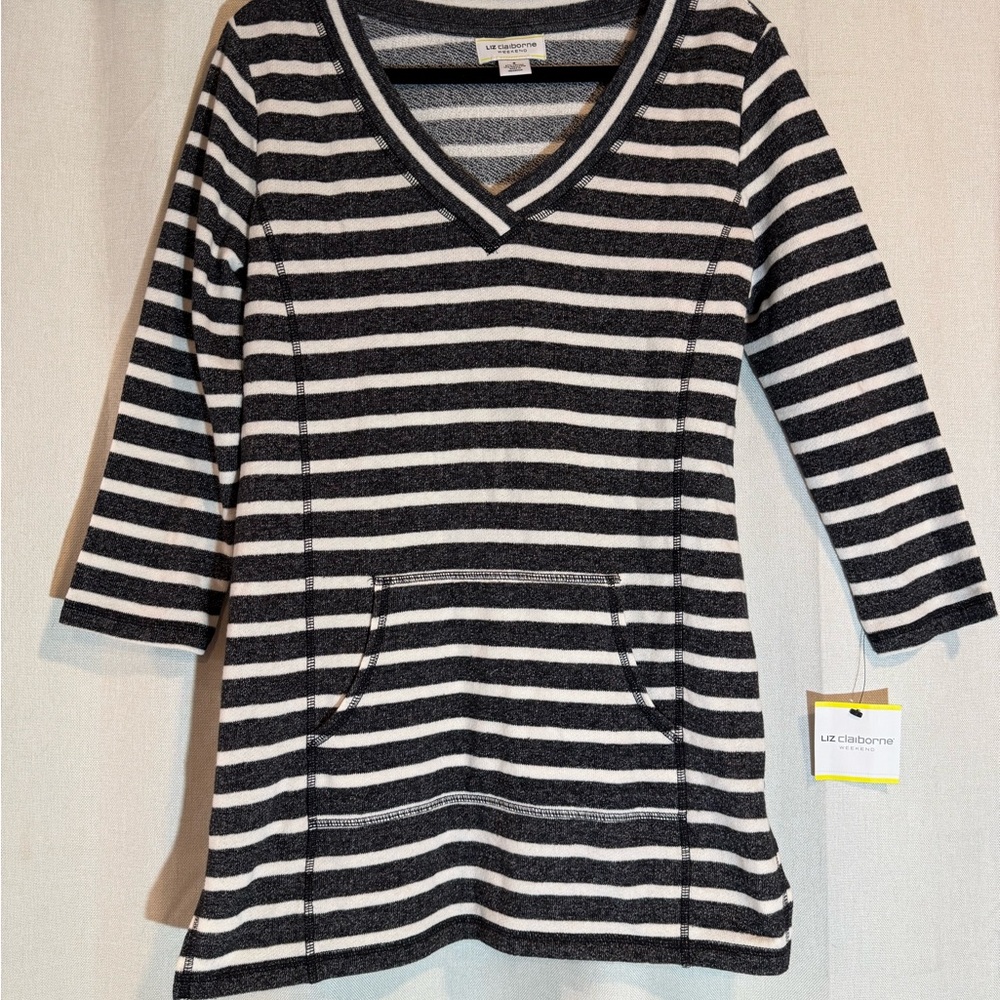 Liz Claiborne Charcoal and Cream Striped Tunic
